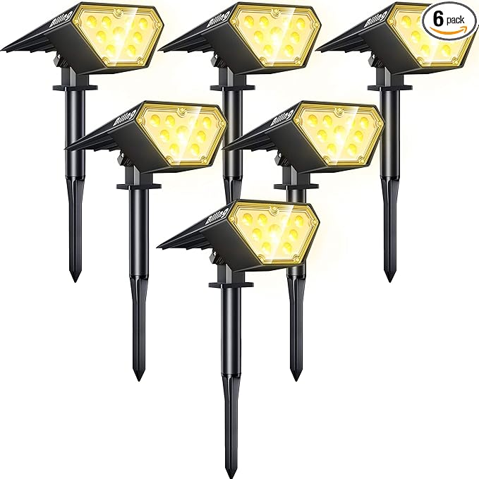 Biling Solar Spot Lights Outdoor, Bright 700 Lumen IP67 Waterproof Adjustable House Lights for Patio Pathway Yard Garden Driveway Tree - Warm White (6 Pack)