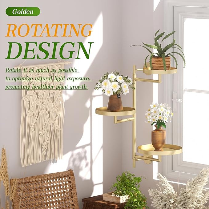 3-Tier Rotating Metal Window Plant Shelves Hanger, Wall-Mounted Gold Holder, Floating Shelf for Indoor Pots up to 6", Home Décor Gift for Plant Lovers