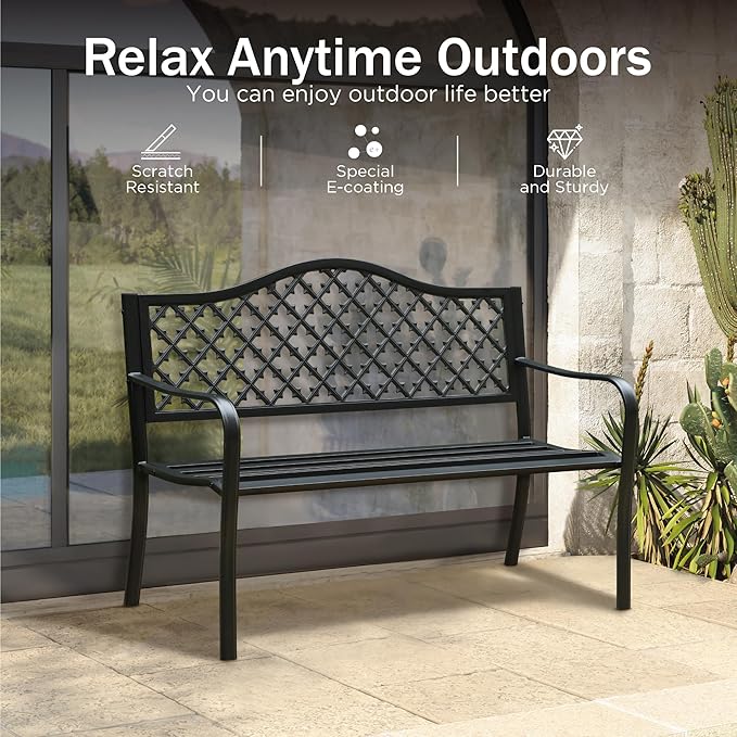 PHI VILLA 50" Outdoor Garden Patio Metal Bench for Outdoors with Plastic Backrest Armrests Sturdy Steel Frame, Black