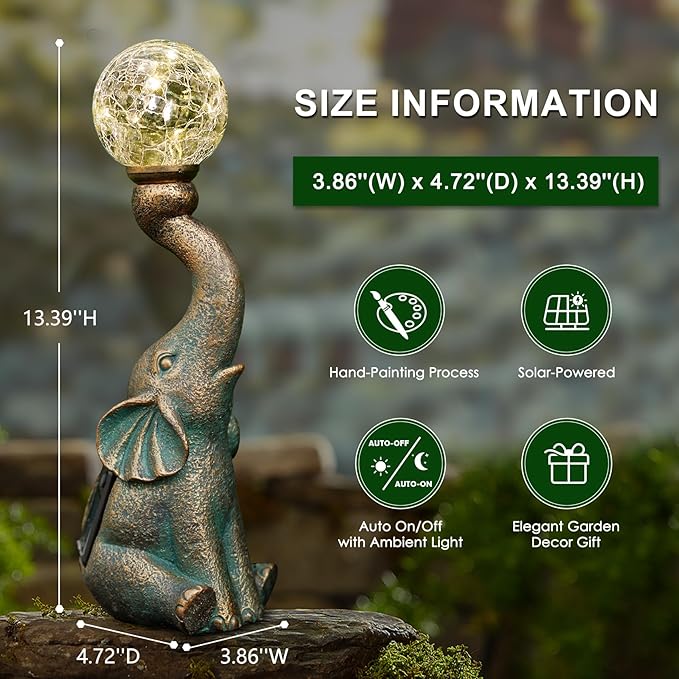 MININOVA Garden Decor Outdoor Statues Elephant with Cracked Glass Ball, Cute Solar Figurine for Patio, Lawn, Yard Art Ornament Decorations (8 LED Lights)