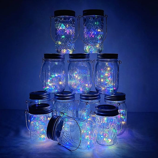 Decorman Solar Mason Jar Lights, 12 Pack 30 LED Fairy Star Firefly String Lids Lights with 12 Hangers for Patio Yard Garden Party Wedding Christmas Decoration(Jars Not Included) (12 Pack, Colorful)
