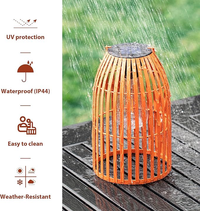 Set of 2 Solar Lantern Outdoor Waterproof Hanging Metal Birdcage Shaped Lantern Decorative Solar Light for Garden Yard Patio Porch, Orange