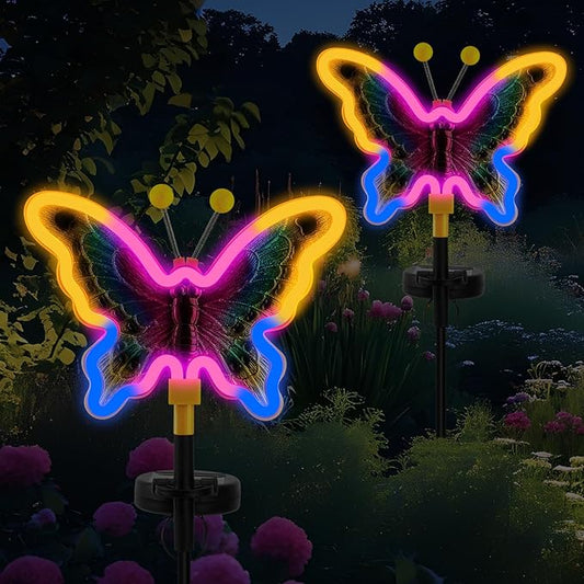 Solar Butterfly Lights,Solar Garden Decor, Outdoor Garden neon Lights,Butterfly Solar Stake Lights,Yard Patio Pathway Decoration Outdoor(Yellow, 2pack)
