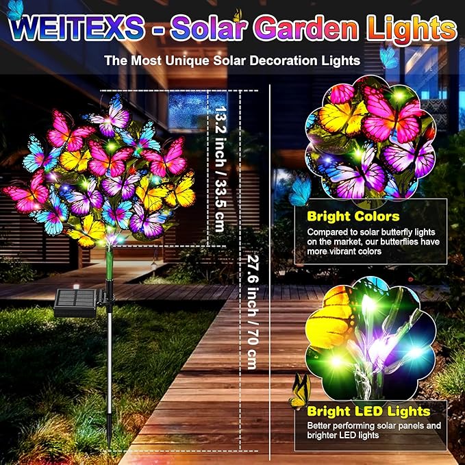 Solar Garden Lights Outdoor Waterproof Solar Lights 2 Pack with New Upgraded 72 LED 34 Butterfly Outdoor Solar Lights for Yard Outside Garden Pathway Decor Gifts for Womens Mother's Day