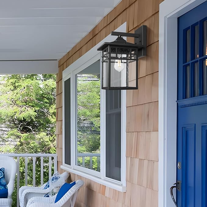 Outdoor Light Fixture Wall Mount, Black Exterior Light Fixture Wall Sconces with Seeded Glass for Front Porch, 9 Inch Large Waterproof Outdoor Square Wall Lantern Outside for House Doorway