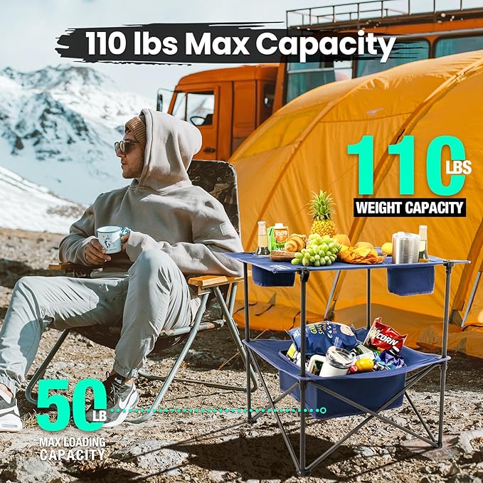 Folding Camping Table, Portable Outdoor Picnic Table, Rectangular Lightweight Camp Table with Storage, Cup Holder and Carry Bag for Barbeque Beach Camping and Tailgate