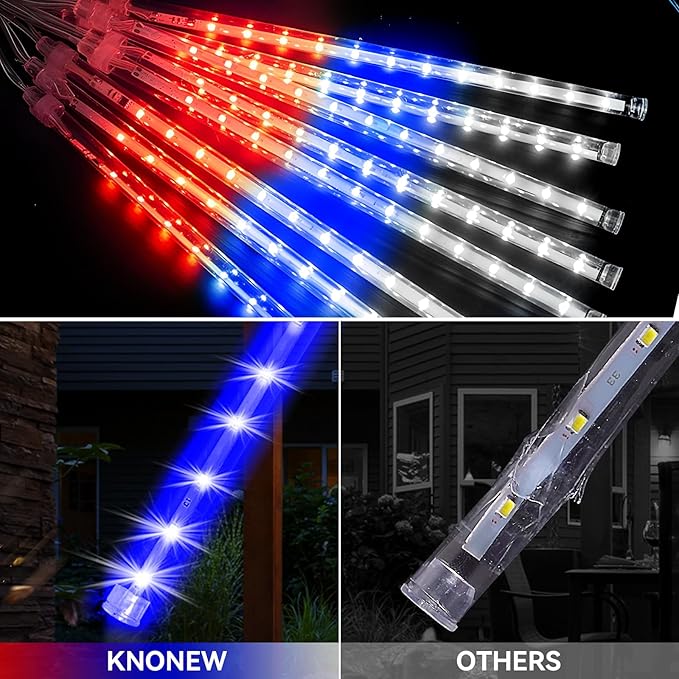 KNONEW 24 Tube Red White and Blue Meteor Shower Lights 4th of July Decorations,16 in 672 LEDs String Lights,52FT Plug in Waterproof Outdoor Lights for Independence Day House Tree Party Decor