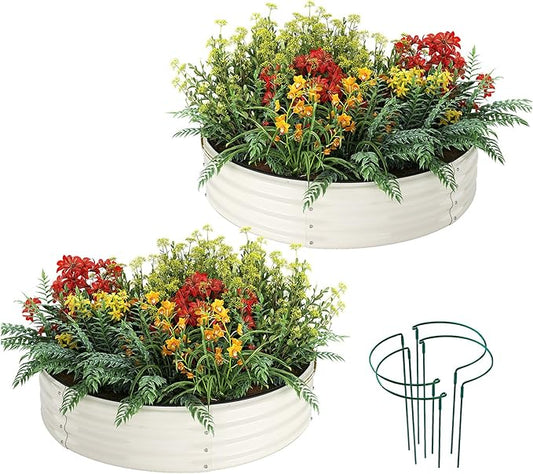 Galvanized Metal Planter Round Raised Garden Bed Kit for Gardening Outdoor，2x2x1ft 2pc Grow Garden Box Raised Flower Bed，Round Galvanized Planter Outdoor Metal Fire Pit Ring White