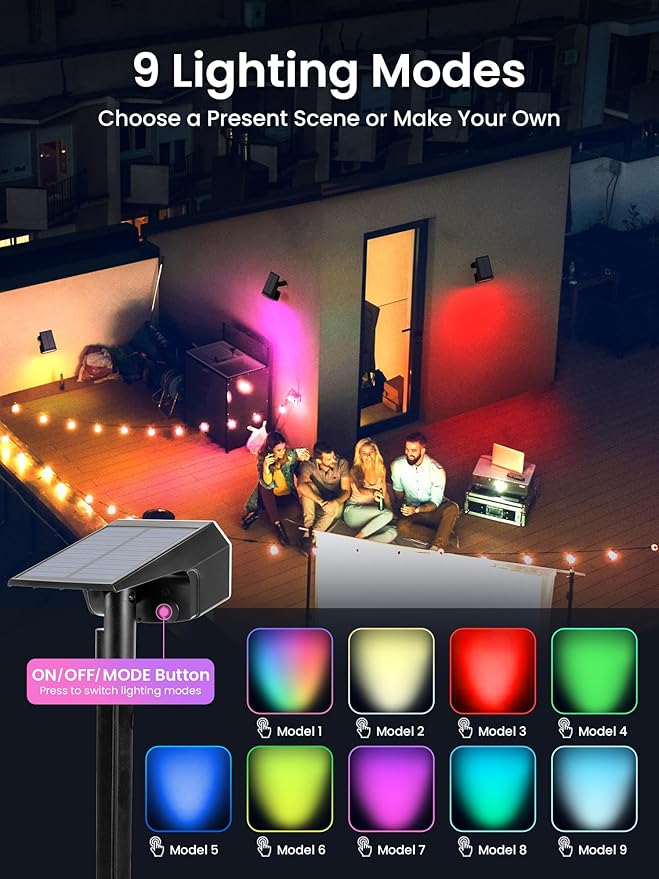 Color Changing Solar Spot Lights Outdoor, 9 Lighting Modes Colored Solar Lights Outdoor RGB, Color Solar Lights Waterproof IP65, Landscape Spotlights for Halloween Christmas Decorations