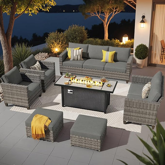 ovios 7 Pieces Patio Furniture Set with 54" Fire Pit Table, Outdoor Wicker Sofa with Comfy Cushions, All Weather High Back Rattan Couch Conversation Set, Dark Grey