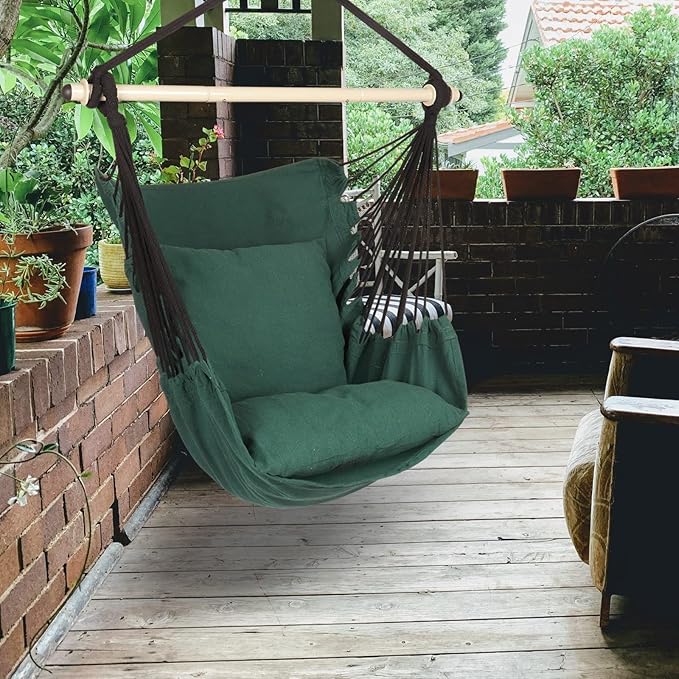 Highwild Hammock Chair Hanging Rope Swing - Max 500 Lbs - 2 Cushions Included - Steel Spreader Bar with Anti-Slip Rings - for Any Indoor or Outdoor Spaces (Green)