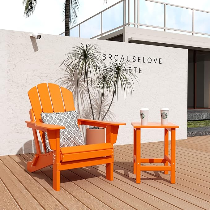 WO Home Furniture Adirondack Chair Table Set of 2 PCS Outdoor Folding Chair w Side Table Weather/UV Resistant for Lawn, Garden, Bon Fire, Balcony (Orange)