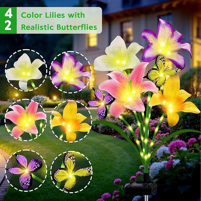 Solar Garden Lights 2 Pack 8 Lily Flowers with Butterfly Decor, Waterproof Solar Flower Lights for Outdoor - Upgraded Decorative Lilies for Yard, Patio, Pathway Decorations & Gardening Gifts