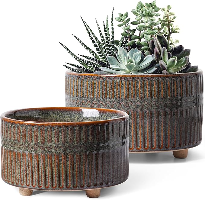 LE TAUCI Succulent Pots, 6.5+8 Inch Ceramic Indoor Plant Pot with Drainage Hole, Modern Round Decorative Flower Pot, Set of 2, Reactive Glaze Black