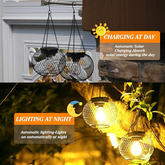 Solar Lantern Outdoor, Upgraded Hanging Lights Outdoor Garden Metal Lanterns Decorative Lighting Powered Waterproof Tree for Yard Patio Pathway, 2 Pack, Black
