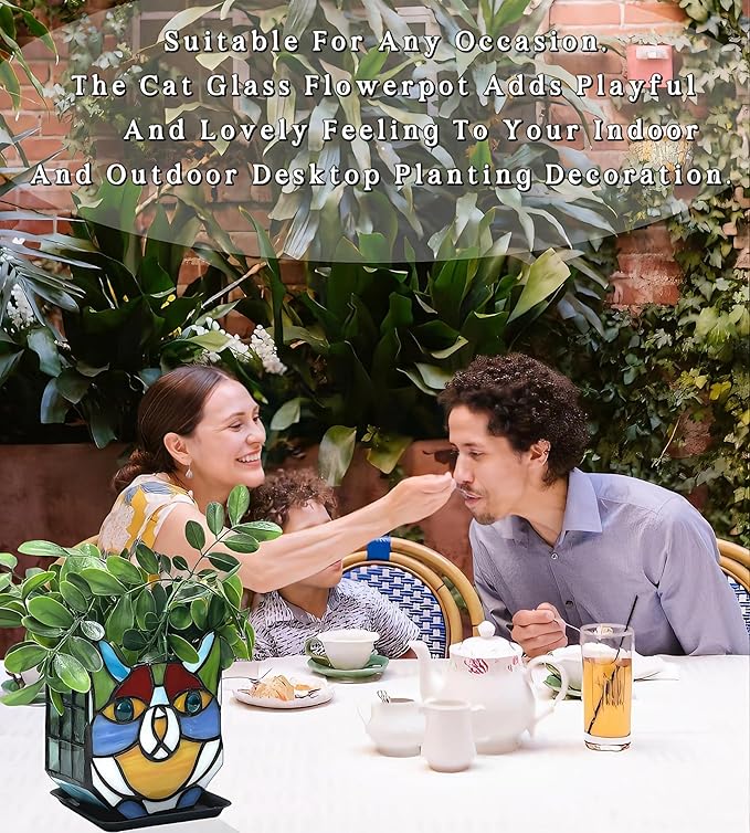 Tiffany Stained Glass Cat Planter,Indoor and Outdoor Plant Displays,Succulent Cat Pot,Plant Gifts for Women,4.6x5.15x2.3 in (Without Succulents)