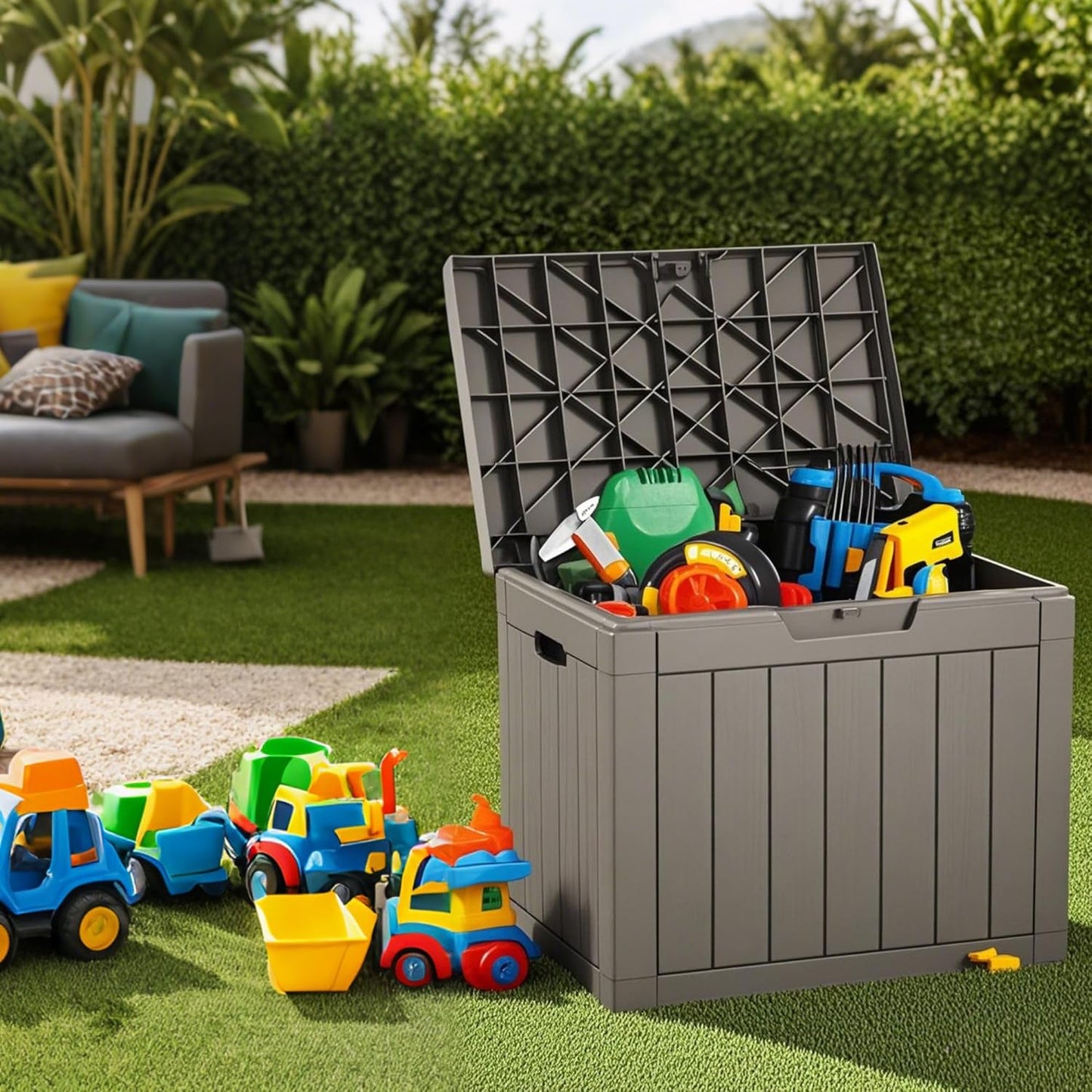 30 Gallon Waterproof Deck Box, Lockable Resin Storage Box for Patio Furniture Cushions Garden Tools and Outdoor Delivery Storage, Coffee