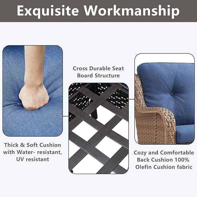 Outdoor Wicker Patio Furniture Set - 6 Piece Rattan Patio Conversation Set with 2 Rocking Swivel Chairs,2 Ottomans,1 Loveseat and 1 Side Table for Porch Deck Backyard Garden(Yellow/Blue)