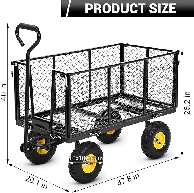 Heavy Duty Steel Garden Cart, 1100LBS Pullable Metal Garden Wagon with 10" Wheels, 180° Rotating Handle and Removable Sides for Outdoor, Farm, Yard, Beach ﻿