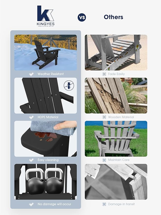KINGYES Folding Adirondack Chair Set of 8, Dual Cup Holders & All-Weather HDPE, Wood-Like Patio Chair for Backyard, Camping, Pool & Fire Pit, Black