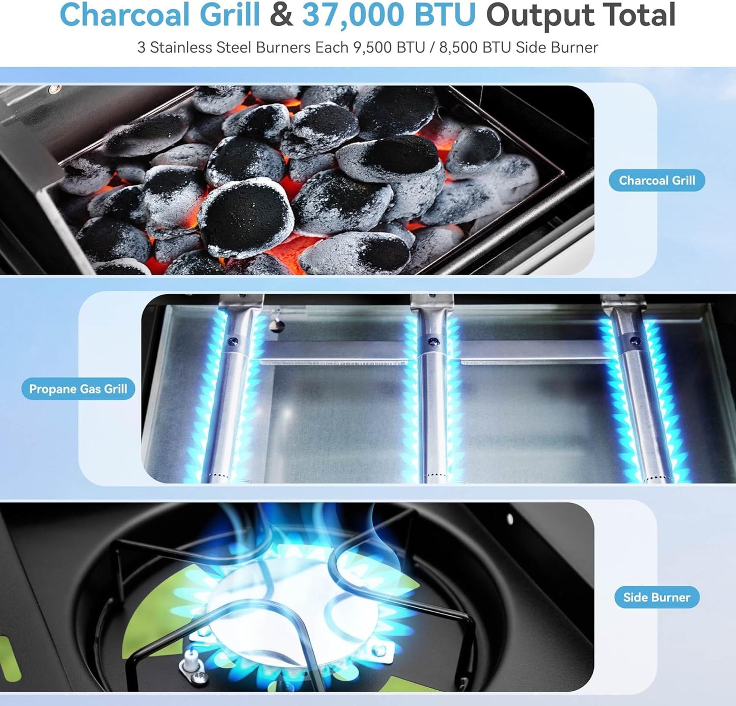 3 Burner Propane Gas and Charcoal Grill Combo with Side Burner & Porcelain-Enameled Cast Iron Grates, 37,000 BTUs 685 SQIN Dual Fuel Outdoor BBQ Grill for Patio Garden Picnic Backyard Barbecue Cooking