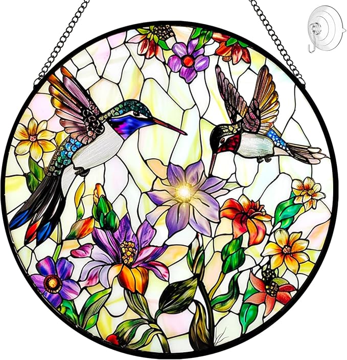 Hummingbird Suncatcher Stained Glass Window Hanging - Bird and Flowers Suncatchers for Windows - Sun Catchers Indoor Window Wall Art Home Decor Panel - Hummingbird Gifts for Women Men Mom Bird Lovers
