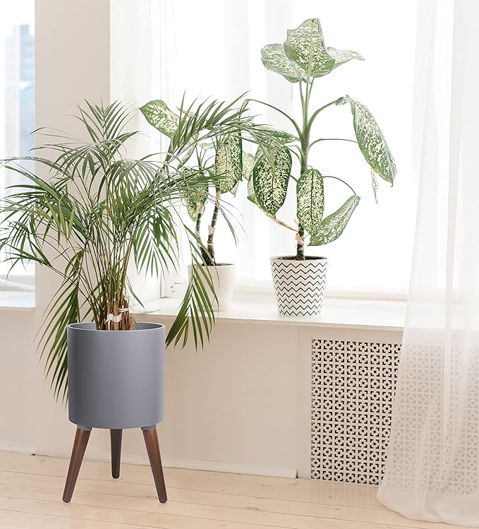 D'vine Dev 12 Inch Planter Pot with Stand, Mid-Century Tall Plant Pot with Legs for Indoor Plants, Large, Grey, 88-O-C-3
