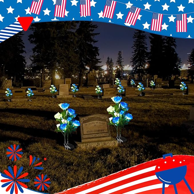 Woanger 4 Pcs Solar Flowers Cemetery Grave Decorations Outdoor LED Flower Lights with 6 Rose Powered Garden Stake Lights Waterproof for Independence Day Grave Decorations(Blue, White)