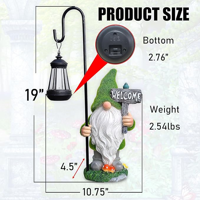 JOYBEE Garden Statues Gnomes with Solar Lantern Outdoor Decor-Gnomes Solar Figurines Lights Decorations for Patio Yard Lawn Ornaments-Gifts for Birthday Easter Housewarming