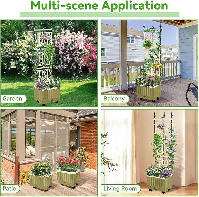 Tomato Planter with Trellis,61.4" Self-Watering Tomato Cage Raised Garden Bed Planter Box with Trellis & Wheels for Climbing Plants Vegetable Vine Flowers