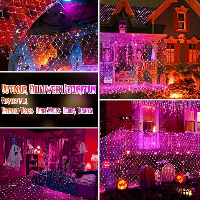 2 Pack Each 200 LED Halloween Net Lights Outdoor Waterproof 3M*2M Mesh Lights Fairy String Lights Plug in with Timer 8 Modes for Bush Window Fence Garden Yard Roof Wall Decor-Purple and Orange
