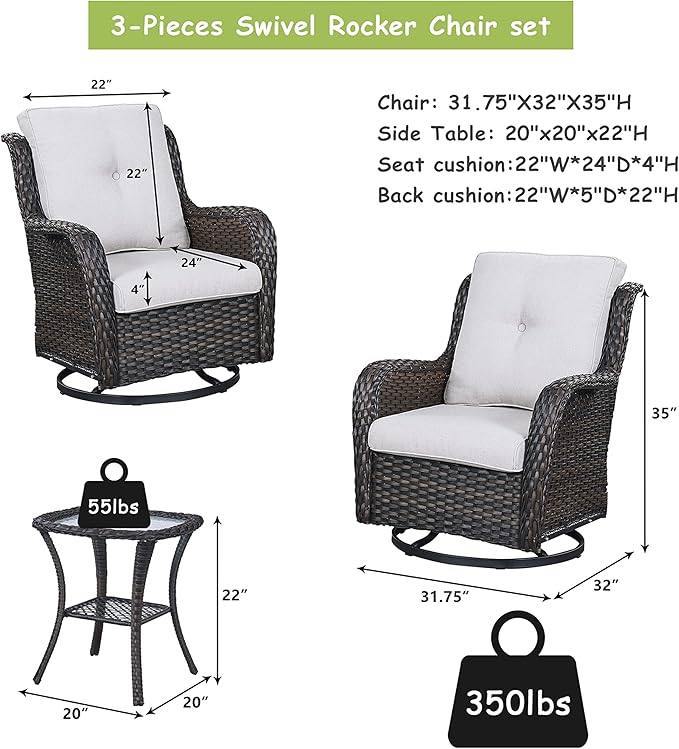 Outdoor Patio Swivel Rocker Chairs - 3 Piece Patio Bistro Set,Wicker Patio Furniture Set with 2 Swivel Rocking Chairs and 1 Glass Top Side Table for Deck Porch Garden,Brown/Beige