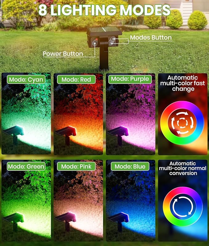 Solar Spot Lights Outdoor, 58 LED 8 Color Modes Solar Spot Lights, Multicolor RGB Flood Light Waterproof IP67, 2-in-1 Wall Light for Tree Garden Pathway (Multicolor, 1 Pack)