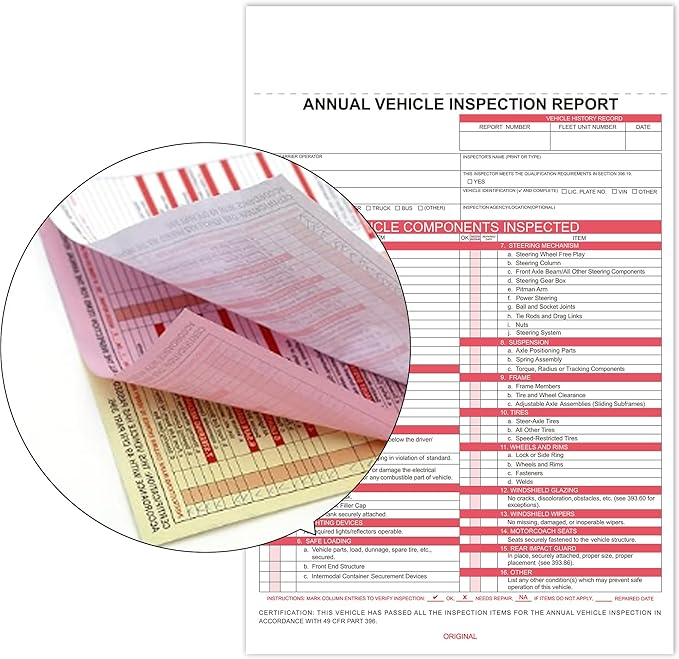 30-Pack Annual Vehicle Inspection Report Form & Adhesive Vinyl Label 2-Ply,3-Ply Carbonless Form DOT Compliant