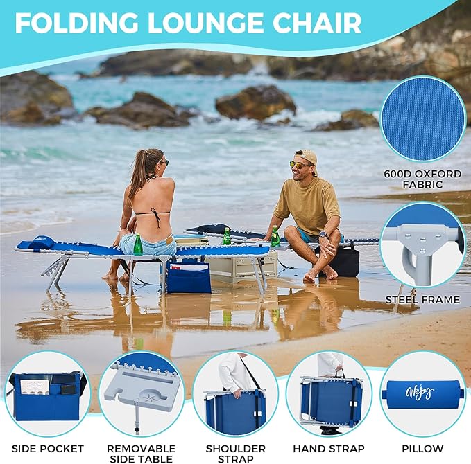 #WEJOY 2 PCS Lounge with Side Table for Outdoor 5-Position Adjustable Recliner Chair for Beach Sunbathing Patio Pool Lawn Lay Flat Portable Camp Reclining Chair with Shoulder Strap Side Pocket