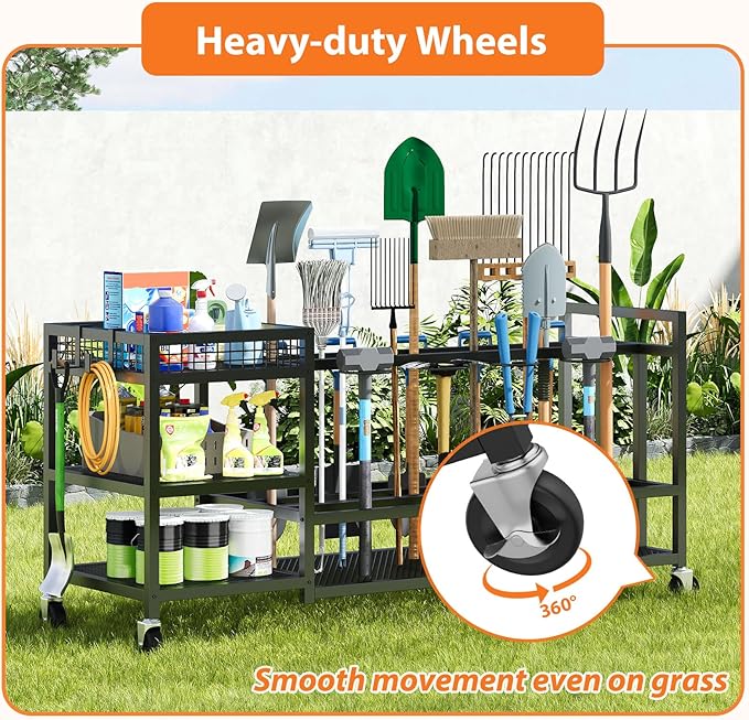 Garden Tool Organizer with Wheels-Movable Garden Tool Rack with Storage Hooks for Long-Handled Tools/Rakes/Brooms/Shovels,Heavy Duty Metal Garden Tool Storage for Garage,Shed,Garden,Black