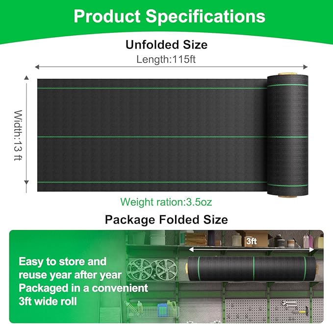 Weed Barrier Fabric for Weed Control – 13FT x 115FT with Staples, Heavy-Duty Landscape Fabric, Driveway Fabric 3.5OZ for Garden, Gravel, Pathways, Erosion Control, Construction, and Outdoor Projects
