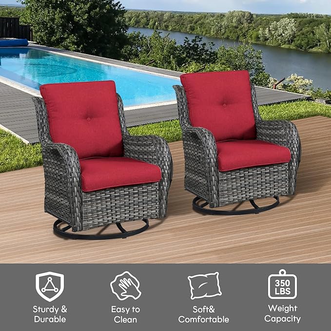 Outdoor Swivel Rcoker Wicker Chairs - Swivel Patio Chairs Set of 2 Patio Furniture Sets with Covered Cushion for Porch Deck Balcony Backyard, Red