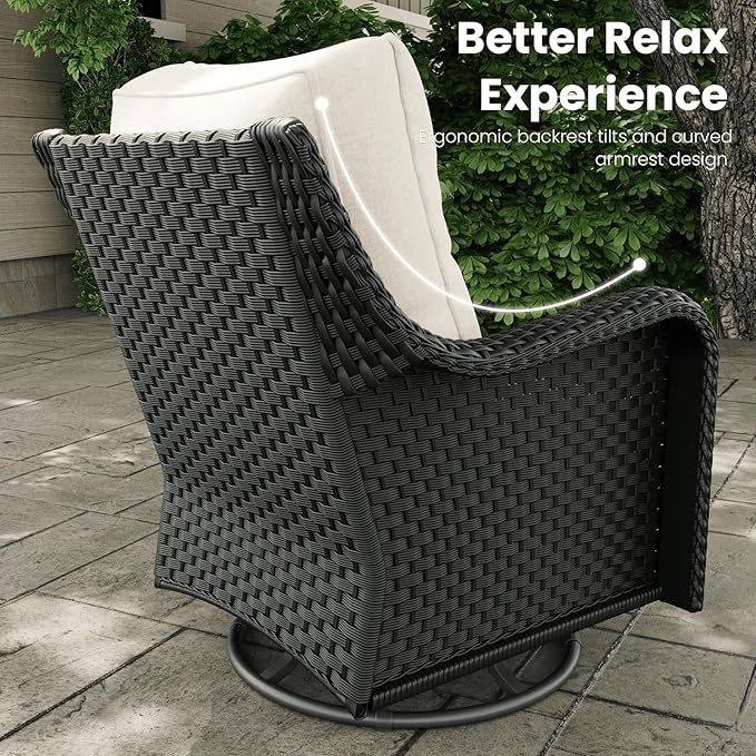 6 Pieces Outdoor Patio Furniture Sets with Rocking Swivel Chairs with 6-inch Thick Cushion and Side Table for Deck Lawn