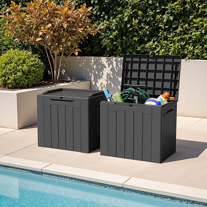 Greesum 31 Gallon Deck Box for Outside, All Weather Outdoor Storage Boxes for Patio Furniture Set, Package Delivery Box,Garden Tools, Gray(Set of 2)