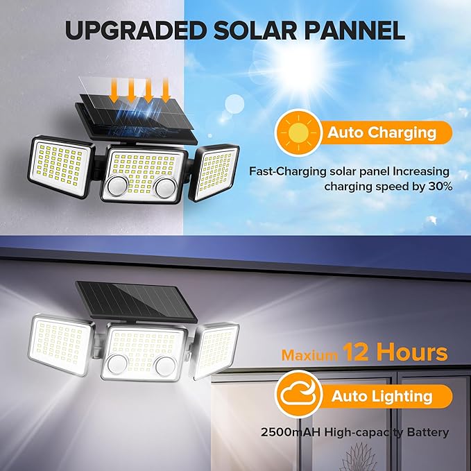 UME Solar Outdoor Lights 3000 Lumen 7000K, 152 LED Super Bright Motion Sensor Outdoor Light with 2 Sensors, IP65 Waterproof 270 Wide Angle Solar Flood Light with 3 Modes for Garden - 2 Pack