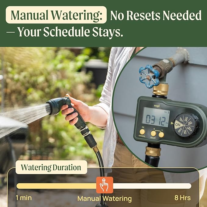 Vego Sprinkler Timer with Brass Inlet- Watering Timer for Garden Hose with Rain Delay/Manual Watering/Automatic Irrigation System - Water Hose Timer for Yard Lawn