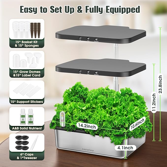 Hydroponics Growing System Indoor Garden - Herb Garden with Grow Light, 15 Pods Stainless Steel Indoor Garden Kit, Auto Timer, Gardening Gift for All Ages