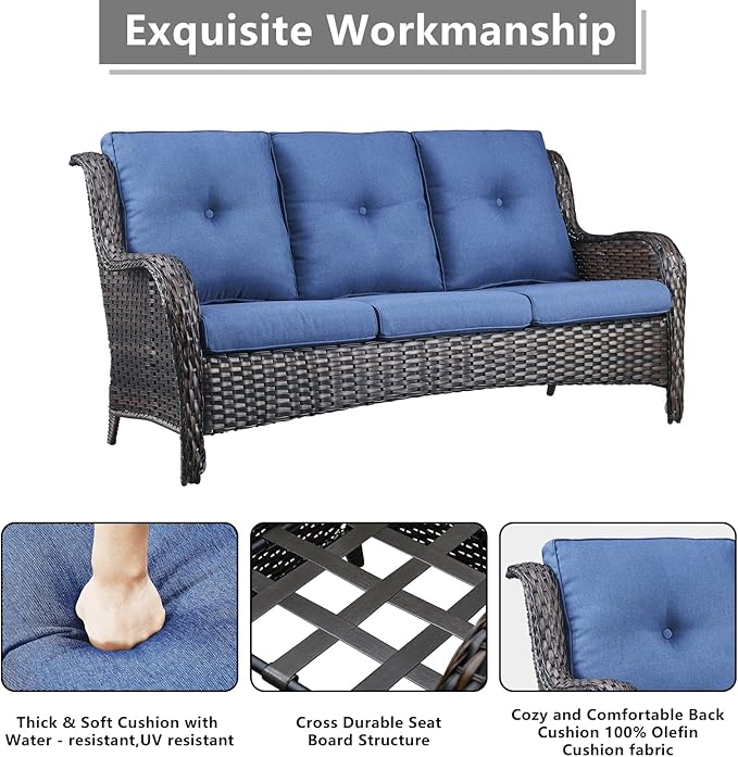 Outdoor Wicker Patio Furniture Set - 6 Piece Rattan Patio Conversation Set with 2 Rocking Swivel Chairs,2 Ottomans,1 Sofa and 1 Side Table for Porch Deck Backyard Garden(Brown/Blue)