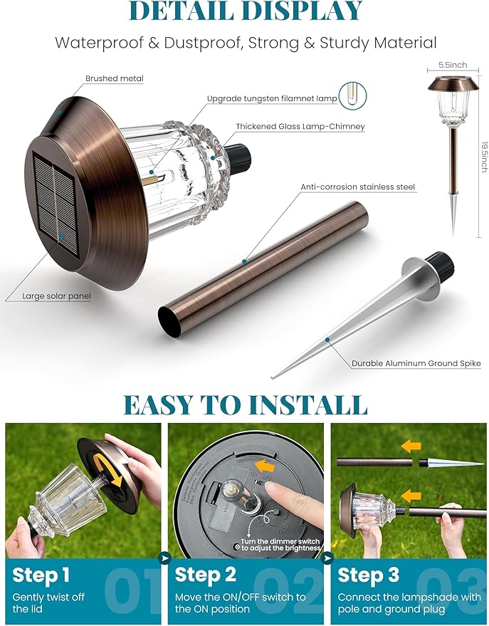 Solar Lights Outdoor Waterproof,6 Pack Bronze Pathway Lights with 10-40 LM Dimmable Glass and Metal, Solar Powered Garden Decor for Yard,Patio,Pathway,Driveway(Warm White)