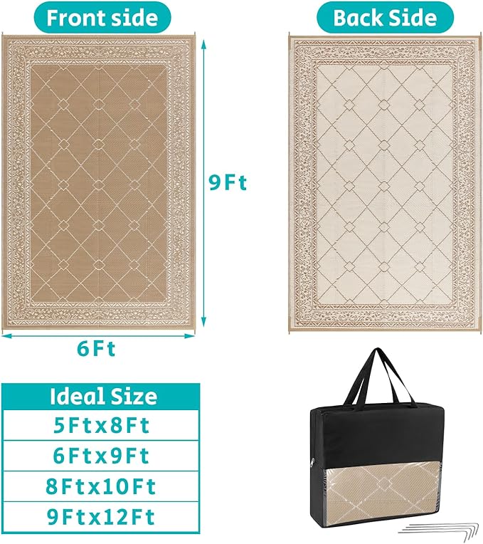 HEBE Outdoor Rug Waterproof 6x9, Plastic Straw Rug Camping Rug, Reversible Outdoor Patio Rugs RV Mat Clearance, Indoor Outside Floor Carpet for Porch,Deck,Camper,Balcony,Backyard