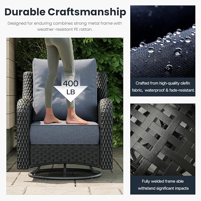 9 Pieces Outdoor Patio Furniture Sets with Rocking Swivel Chairs with 6-inch Thick Cushion and Side Table for Deck Lawn