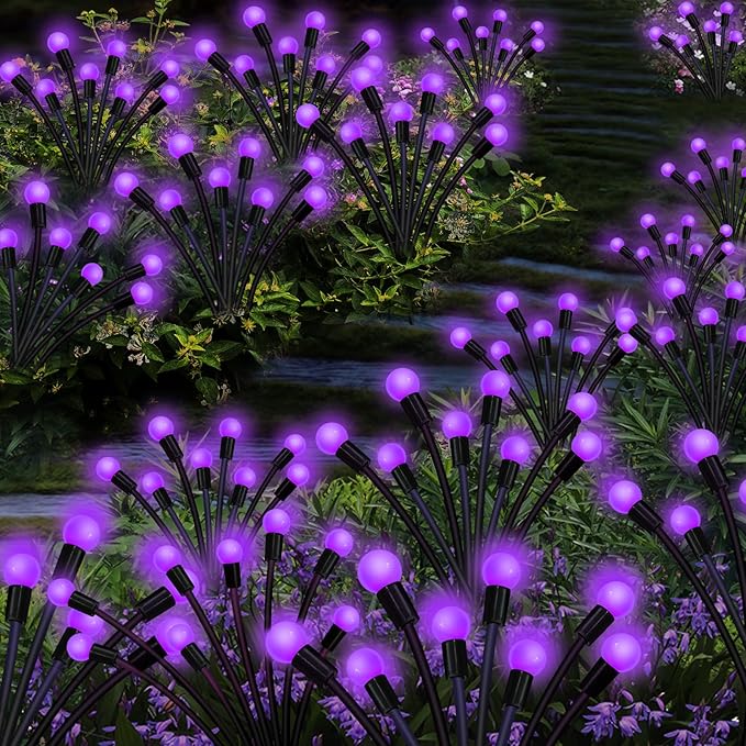 Solar Garden Lights Outdoor, 2 Pack 20 LED Solar Purple Firefly Lights Waterproof, Starburst Solar Wind Swaying Lights for Outside Yard Patio Planter Flower Bed Walkway Halloween Christmas Decoration