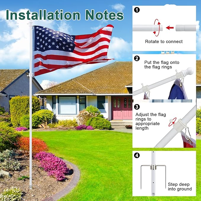 2 Pack Ground Flag Pole for Outside House - 8.5 FT Tangle Free Heavy Duty Flag Pole Kit with Windproof Stand,Outdoor Inground Flag Holder for Yard Garden, Includes Bonus 3x5 American Flag, White