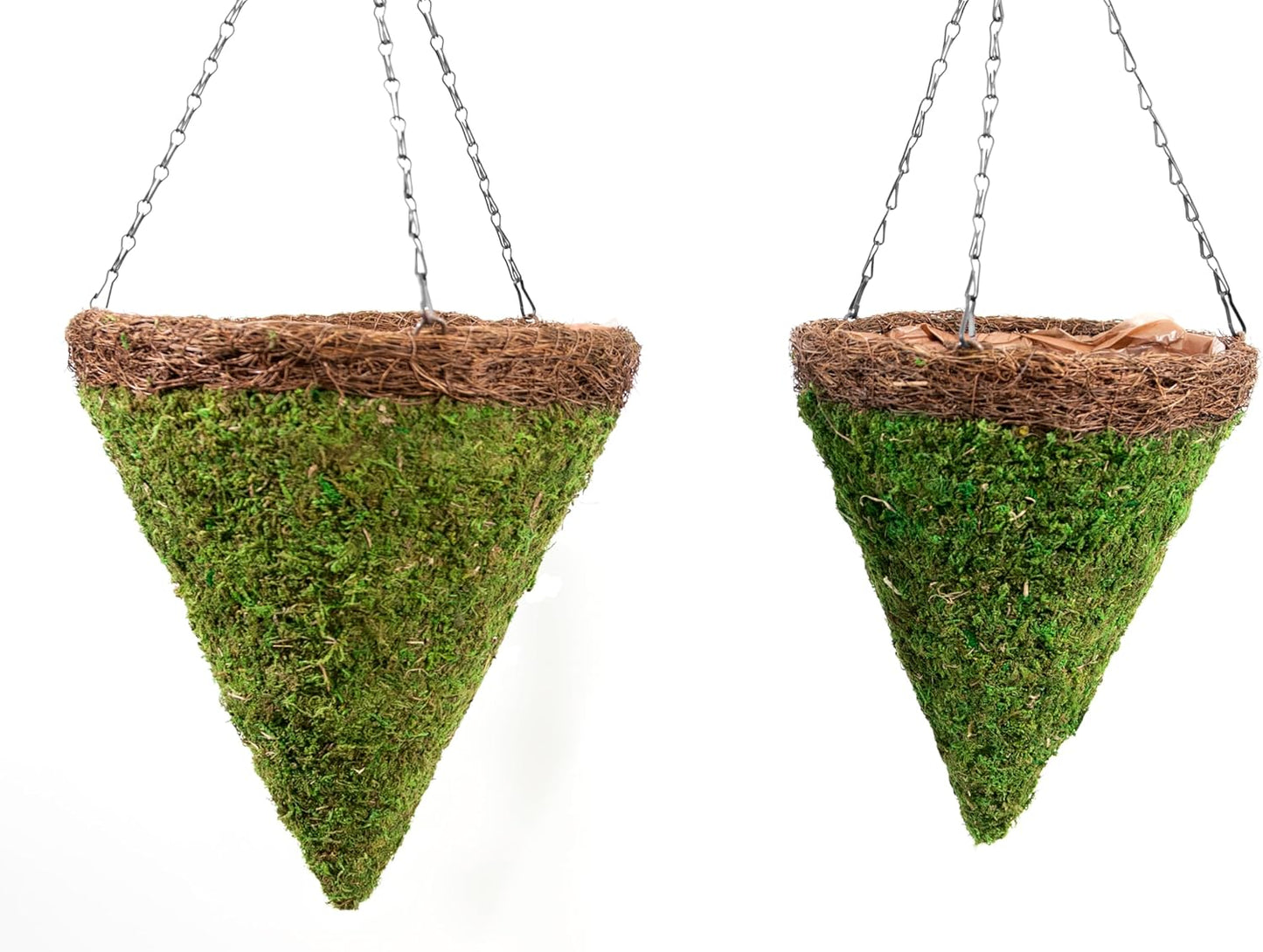SuperMoss (29386 MossWeave Hanging Basket | Outdoor Hanging Planter with Moss | Decorative Plant Hanger for Porch, Balcony, Garden & Home Décor, Cone with Wicker Rim, Set of 2 (S/M), Green